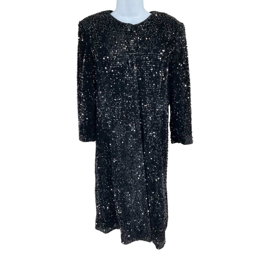 Leslie Fay Duster Coat Womens 6 Black Sequin Velvet Trim Button Up Evening Lux